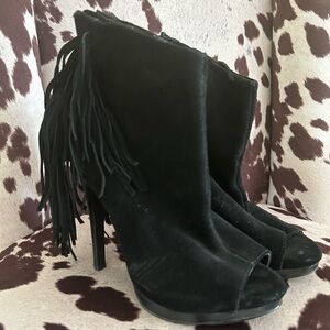 Black Fringe Peep-Toe Heeled Boots